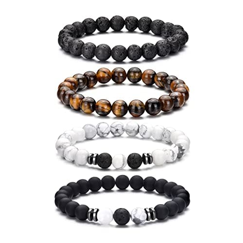Tiger Eye Bracelet For Men 8MM Natural Stone Beads Bracelet Set Stretch Lava Rock Bracelets Adjustable Black Crystal Beaded Bracelet for Men Women Gifts - Image 1