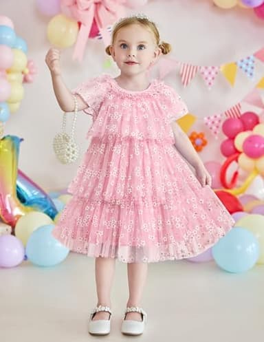 Arshiner Girls Tulle Dress Toddler Layered Tulle Tutu Dresses Baby Floral Dress Summer Formal Party Birthday Wedding 2T Pink Flower - Image 6