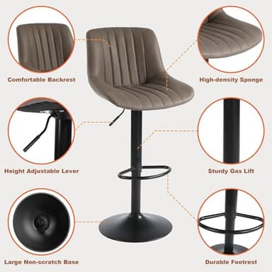 Youhauchair Bar Stool Set of 1, Adjustable PU Leather Bar Chairs, Swivel Counter Height Barstools with Back, Modern Armless Kitchen Island Stool, Brown - Image 5