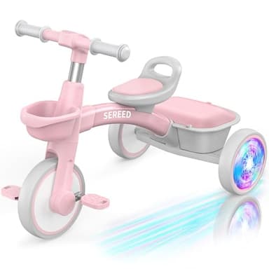 SEREED Colorful Lighting Toddler Tricycle for 2-5 Years Old Girls, Adjustable Seat&Handlebar Trike, Removable Basket, Birthday Gift Idea for Kids Ages 2+ (Pink) - Image 1