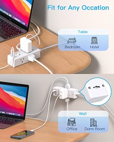 Short Extension Cord 3Ft, Flat Plug Power Strip Surge Protector - 6 Widely Outlets with 3 USB Ports (1 USB C), Wall Mount Small Power Strip for Travel Home Office College Dorm - Image 7