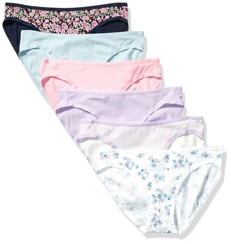 Amazon Essentials Women's Cotton Bikini Brief Underwear (Available in Plus Size), Pack of 6, Black Floral/Blue/Lilac/Pink/Stripe/White Ditsy Floral, Medium - Image 1