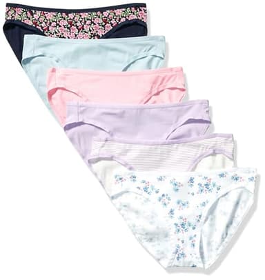 Amazon Essentials Women's Cotton Bikini Brief Underwear (Available in Plus Size), Pack of 6, Black Floral/Blue/Lilac/Pink/Stripe/White Ditsy Floral, Medium - Image 1