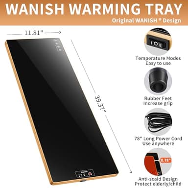 Electric Warming Tray（Extra Long 40”x12”），Food Warmer with Thermostat and Full Surface Heating，Food Warming Mat with 2 Temperature Modes for Parties Buffet，Gatherings，Gold Edge - Image 2