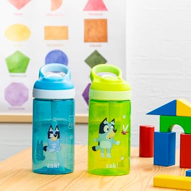 Zak Designs Bluey Atlantic Kids Water Bottle For School or Travel, 16oz Durable Plastic Water Bottle With Straw, Handle, and Leak-Proof, Pop-Up Spout Cover, 2-Pack (Bluey, Bingo) - Image 3