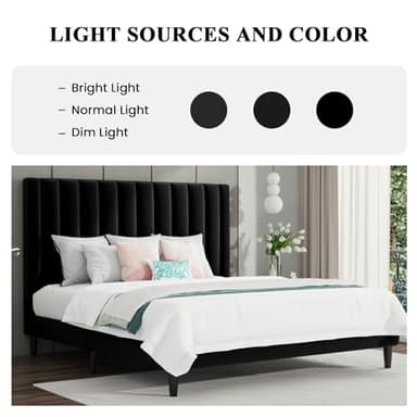 SHA CERLIN Queen Bed Frame/Velvet Upholstered Platform Bed Frame with Headboard/Strong Wood Slats Support/Mattress Foundation/No Box Spring Needed - Black - Image 3