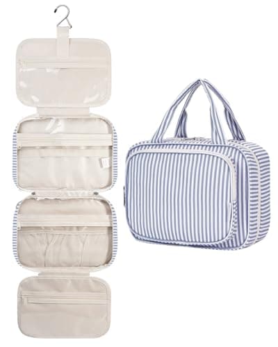 Narwey Striped Hanging Toiletry Bag for Women Travel Makeup Bag Organizer Toiletries Bag for Travel Size Essentials Accessories Cosmetics (Greyish Blue Stripe (Medium)) - Image 1