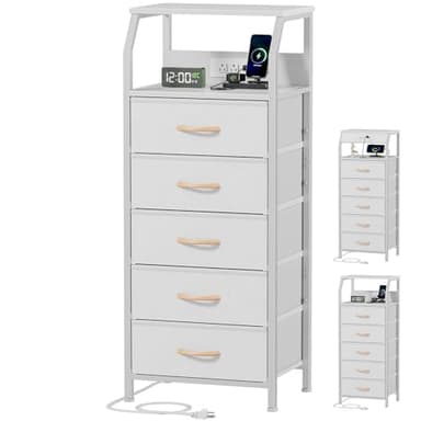 Furnulem 5 Drawers Dresser with Charging Station, Tall Night Stand with Open Shelf, Storage Tower with PVC & Fabric Drawer, Bedside Table for Bedroom, Closet, Entryway, 3 Ways to Use, White - Image 1