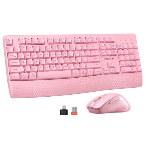 MEETION Wireless Keyboard and Mouse, Full-Sized Cordless Keyboard with Wrist Rest and 3 DPI Adjustable Mouse, Keyboard and Mouse Set with 2.4GHz USB Receiver, for PC/Computer/Laptop/Windows/Mac, Pink - Image 1