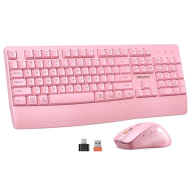 MEETION Wireless Keyboard and Mouse, Full-Sized Cordless Keyboard with Wrist Rest and 3 DPI Adjustable Mouse, Keyboard and Mouse Set with 2.4GHz USB Receiver, for PC/Computer/Laptop/Windows/Mac, Pink - Image 1