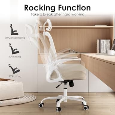 Farini Ergonomic Office Chair, Home Office Desk Chair with Headrest, High Back Computer Chair with Armrests and Adjustable Lumbar Support for Home Office Study Room, White & Khaki - Image 5