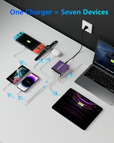 Aluminum Alloy USB C Charger GaN Fast USB C Charging Station 7 Ports 65W Laptop Charger for MacBook Pro/Air/iPad Pro/iPhone (Purple) - Image 5