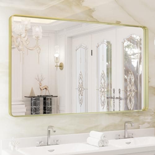WEER Gold Bathroom Mirror, 50X30 Inch Brushed Gold Metal Frame Mirror, Rounded Rectangle Gold Bathroom Vanity Mirror for Wall, Tempered Glass, Anti-Rust, Hangs Horizontally or Vertically - Image 1