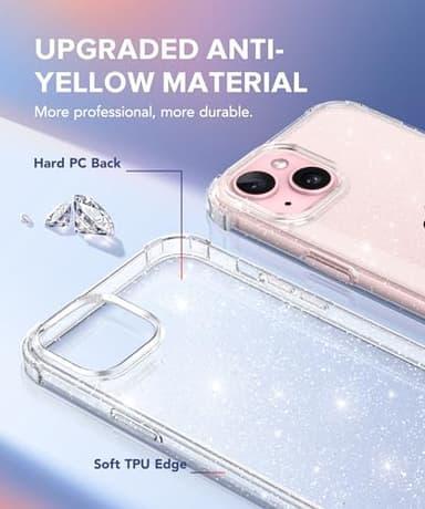 TIESZEN 3 in 1 Compatible with iPhone 15 Case Glitter, with Screen Protector + Camera Lens Protector, [Non-Yellowing] Clear Sparkle Slim Shockproof Hard Phone Cover for Women 6.1 Inch, Shiny Clear - Image 3