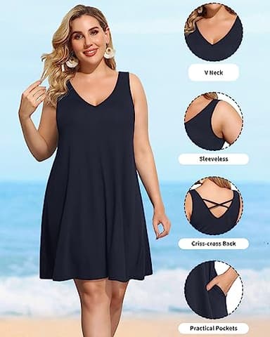 Sun Dresses Women Summer Plus Size Navy Blue Bathing Suit Cover Up Casual Tank Tshirt Sleeveless Pockets Short Sundress - Image 5