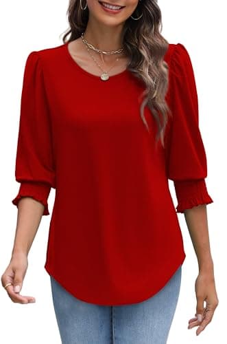 XIEERDUO 3/4 Length Sleeve Womens Tops Blouses for Women Dressy Casual Womens Short Sleeve Tops Red L - Image 4