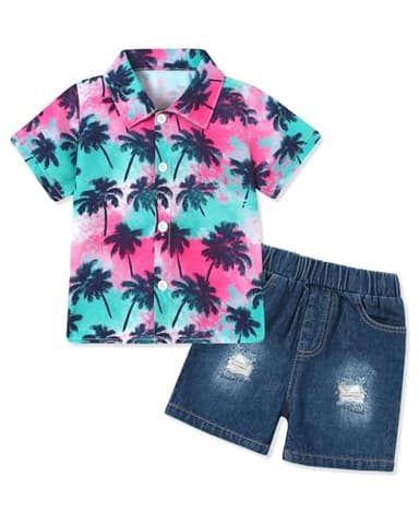 Coco&RARA Toddler Baby Boy Clothes Summer Beach Outfits Hawaiian Short Sleeve Button Down Shirts+Denim Shorts Casual Set (Colorful - Palm Trees, 4-5T) - Image 1