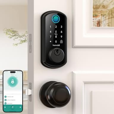 WiFi Smart Door Lock Set: Hornbill Keyless Entry Door Lock Deadbolt with Handle Set Fingerprint Front Door Lock with 2 Knobs Alexa Bluetooth Remote Code Auto Lock for Home Hotel Security Black - Image 1