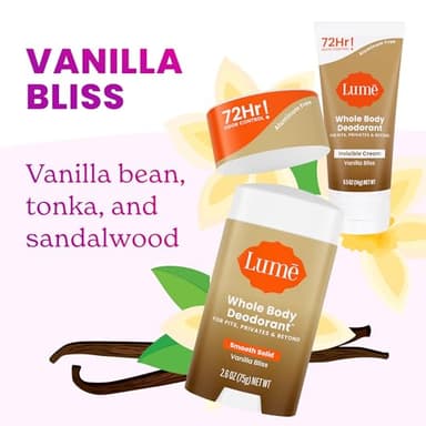 Lume Whole Body Deodorant - Invisible Cream Mini + Solid Stick Bundle - 72 Hour Odor Control - Aluminum & Baking Soda Free, Skin Loving - 0.5 Oz Mini Tube + 2.6 Oz Solid Stick (Vanilla Bliss) - Image 3