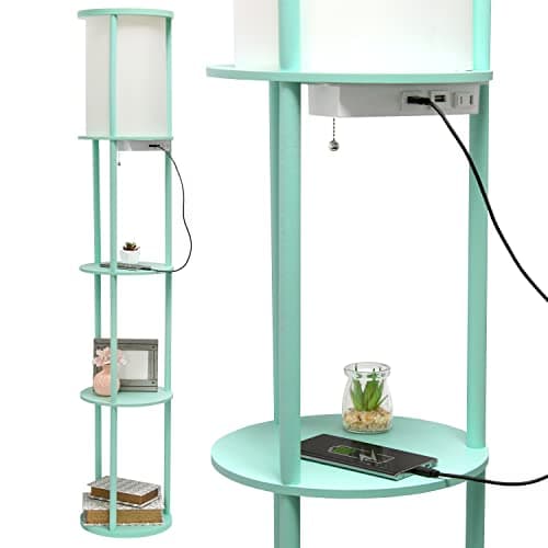 Simple Designs LF2010-AQU 62.5" Round Modern Shelf Etagere Organizer Storage Floor Lamp with 2 USB Charging Ports, 1 Charging Outlet and Linen Shade for Living Room Bedroom, Aqua, 11.5 x 11.5 x 62.5 - Image 1