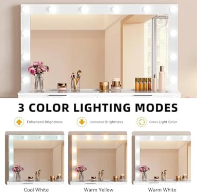 DWVO 46'' Glass Top Makeup Vanity with 10 Drawers, Vanity Desk Set with Large LED Mirror, Built-in Charging Station & Cushioned Storage Chair, Dressing Table with 3-Color Light Modes, Cream White - Image 5