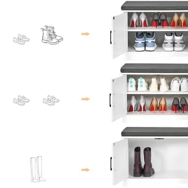 HOMSHO 2-Tier Storage Bench, 47.2" Wide Shoe Bench with Padded Seat Cushion, Entryway Bench with 4 Barn Doors and Adjustable Shelf, White - Image 5