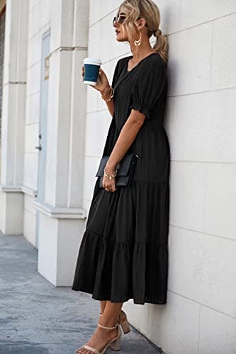 PRETTYGARDEN Summer Dresses for Women 2025 Casual Floral Boho Midi Sun Dress Puff Short Sleeve Flowy Beach Vacation Sundress (Solid Black,Small) - Image 6