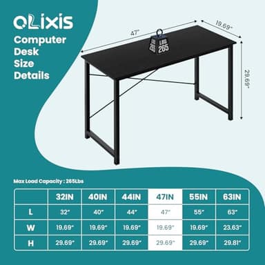 OLIXIS 47 Inch Home Office Desk, Small Computer Work Table with X-Shaped Reinforcement, Home Simple Modern Writing Study Table, Black - Image 3