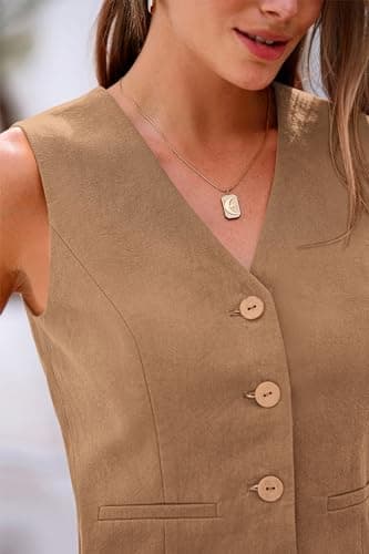 PRETTYGARDEN Women's Two Piece Cotton Sets V Neck Button Down Cropped Tank Tops Vest And Pockets Pants Fashion Summer Outfits (Brown,Large) - Image 5