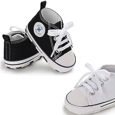 Baby Girls Boys Shoes Soft Anti-Slip Sole Newborn First Walkers Star High Top Canvas Denim Unisex Infant Sneaker (E01-2 Pairs/Black+White, 0-6 Months) - Image 4