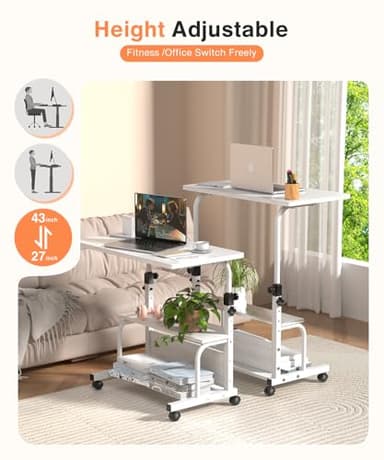 QZMDSM Portable Desk with Wheels Small Standing Desk on Wheels Adjustable Height Rolling Desks for Small Spaces, 32" Computer Desks with Storage Shelves for Home Office Study White - Image 5