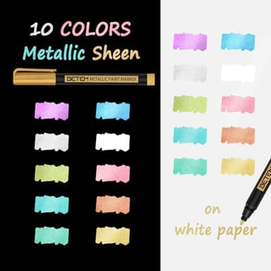 Betem Metallic Paint Markers, 10 Colors Acrylic Paint Markers for Black Paper, 2mm Medium Tips Metallic Glitter Pens for Scrapbooking, Rock Painting, Greeting Cards, Photo Albums, DIY Art Crafts - Image 2