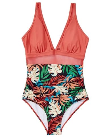 SUUKSESS Women Slimming Tummy Control One Piece Swimsuits Sexy Mesh High Waisted Monokini Bathing Suits (Coral Pink Leaf, L) - Image 4