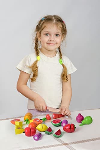 FUN LITTLE TOYS 35PCS Wooden Play Food for Kids Kitchen, Pretend Cutting Food Toys with Wooden Tray, Dishes and Knife for Kids, Pretend Play Food for Christmas Birthday Gifts - Image 9
