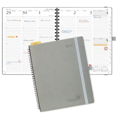POPRUN 2026 Planner (Large - 8.5" x 10.5") with Hourly Schedule, Vertical Layout - 2026 Weekly Calendar (Jan. 2026 - Dec.2026) for Time Management, Monthly Tabs, Spiral Bound, Soft Cover - Grey - Image 1