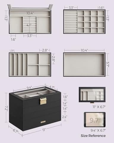 SONGMICS Stackable Jewelry Trays, 4-Tier Jewelry Box, Drawer Jewelry Organizer, with Glass Lid, Removable Dividers, for Vanity Table, 6.7 x 11 x 7.2 Inches, Gift Idea, Ink Black UJBC164B01 - Image 6