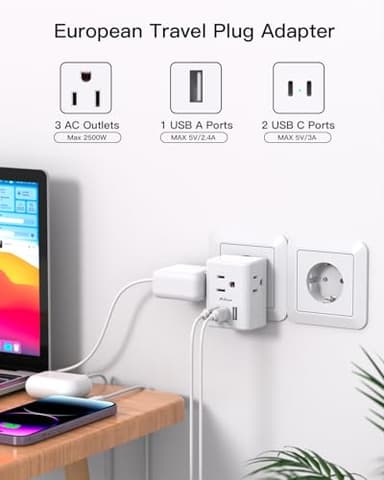 France Power Adapter, Portugal Adapter Plug, Germany Plug Adapter, Type E F European Travel Plug Adapter with 3 Outlets 3 USB Charging Ports(2 USB C), Travel Essentials to Most Europe EU - Image 3