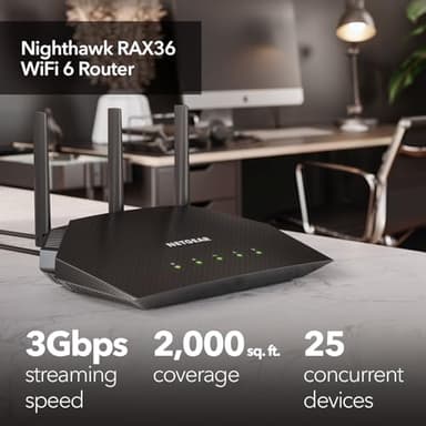 NETGEAR Nighthawk WiFi 6 Router (RAX36) – Security Features, AX3000 3 Gbps Wireless Speed – Dual-Band Gigabit Internet Router – Covers 2,000 sq. ft., 25 Devices – Built-in VPN, USB 3.0, Gaming - Image 2