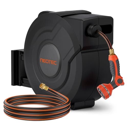 NEOTEC Retractable Garden Hose Reel 5/8 inch x 90ft - Wall Mounted Heavy Duty Hose Reel with 3/4 Inch Brass Fittings & 9-Pattern Nozzle - Auto Rewind System, Any Length Lock, 180° Swivel Bracket - Image 1