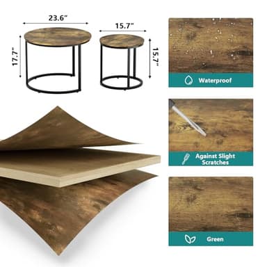 Smuxee Nesting Coffee Table Set of 2, 23.6" Round Coffee Table Rustic Wood Top with Adjustable Non-Slip Feet, Industrial End Table Side Tables for Living Room Bedroom Balcony Yard - Image 2