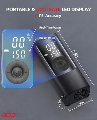 BDO Tire Inflator - Portable Air Compressor, 2.5X Faster 150PSI Cordless Tire Inflator, Tire Air Pump with Dual LCD Display, Auto-Shutoff, Air Compressor for Car, Motorcycle, Bike, Ball（Black） - Image 5