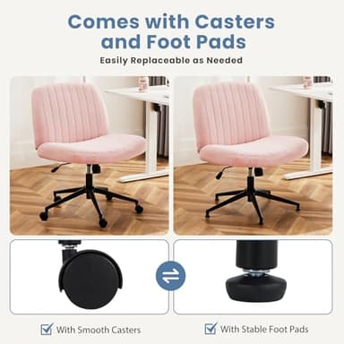 DUMOS Criss Cross Chair with Wheels, Legged Office Armless Wide Desk Seat with Dual-Purpose Base, Adjustable Swivel Teddy Fabric Task Vanity Home Bedroom, Pink - Image 3