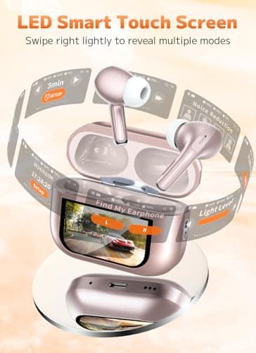 Szwdo Wireless Earbuds, Bluetooth 5.4 Ear Buds with Multifunctional Touch Screen, ANC/ENC Noise Cancelling Headphones with 48H Playtime, Bass Stereo Sound, for Laptop, Android/iOS, Pad, Rose Gold - Image 2