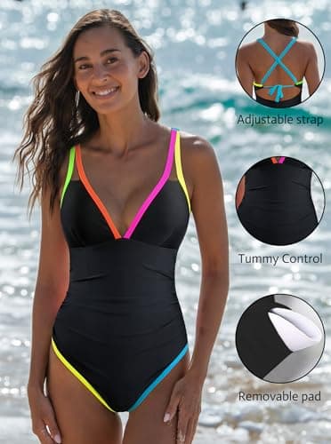 popvil Women's Tummy Control Swimsuits One Piece Neon Color Block Swimwear Deep V Neck Slimming Bathing Suit - Image 5
