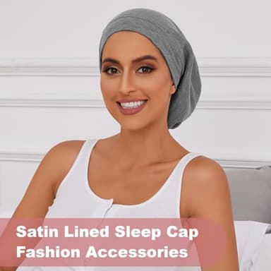 ZHENSILK Silk Satin Bonnet Satin Lined Sleep Cap Hair Wrap for Sleeping Hair Cover Slouchy Beanie Hat for Women Men 2PCS(Black&Grey) - Image 6