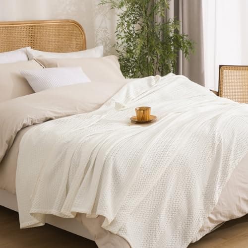 David's Home Cozy Waffle Weave Throw Blanket, Ultra Soft Breathable Lightweight Skin-Friendly Throw for Summer, Elegant Room Decor for Couch Bed Sofa Car Travel, White - Image 1