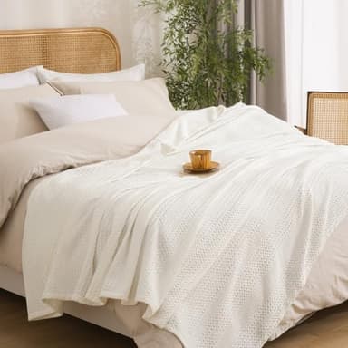 David's Home Cozy Waffle Weave Throw Blanket, Ultra Soft Breathable Lightweight Skin-Friendly Throw for Summer, Elegant Room Decor for Couch Bed Sofa Car Travel, White - Image 1