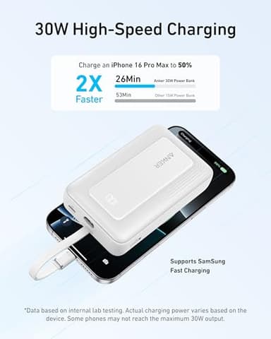 Anker Zolo Power Bank, 20,000mAh 30W High-Speed Portable Charger with with Built-in C Cable, USB-C&A, Battery Pack for iPhone 16/15/15 Pro/15 Pro Max/15 Plus, MacBook, Galaxy, and More - Image 3