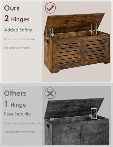 DINZI LVJ Storage Chest, 43.3” Wooden Toy Box with 2 Safety Hinges, Retro Entryway Shoe Storage Bench with Flip-Top, Sturdy Large Storage Trunk for Living Room, Bedroom, Easy Assembly, Rustic Brown - Image 2