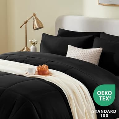 CozyLux Full Size Comforter Sets Black, 7 Pieces Bed in a Bag, Black Comforter Full Size, All Season Bedding Sets with Stitch Quilted Comforter, Flat Sheet, Fitted Sheet, Pillowcases - Image 3